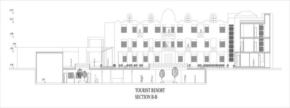 Modern resort architectural section B-B illustrated as a clean CAD vector line art, technical building drawing isolated on a white background in EPS 10 format.