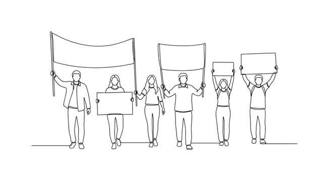 Peaceful Protest. Minimalistic one-line drawing individuals demonstrating with banners and placards, continuous single black line on white background, simple