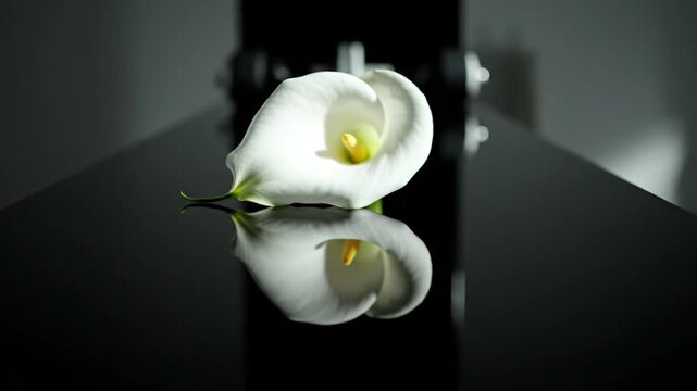 A single elegant white calla lily rests on a reflective dark surface, showcasing its delicate form and vibrant yellow stamen