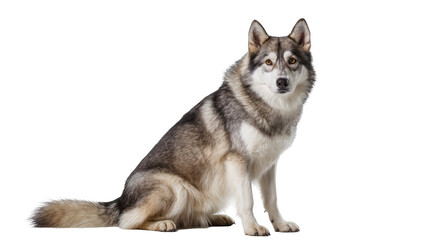 Majestic Siberian husky dog with thick grey and tan fur alert expression, sitting attentively isolated on transparent background for animal portraits © Paula