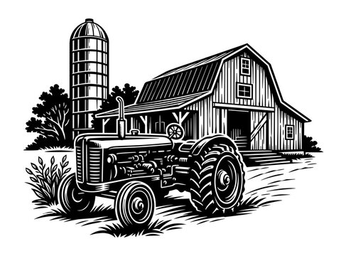 Traditional Farm Landscape Featuring A Large Rustic Barn, Grain Silo, And A Vintage Farm Tractor In The Foreground, Agriculture Concept