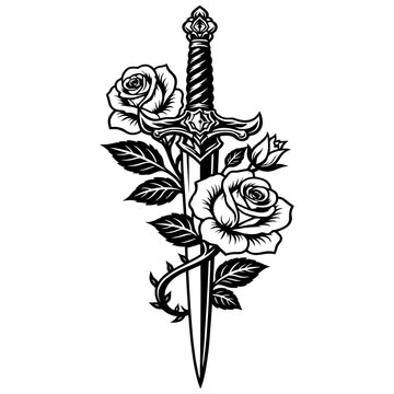 Elegant Fantasy Sword Wrapped In Thorny Roses And Blooming Flowers, Symbolic Blade Of Love, Conflict, And Protection Botanical Vector Art
