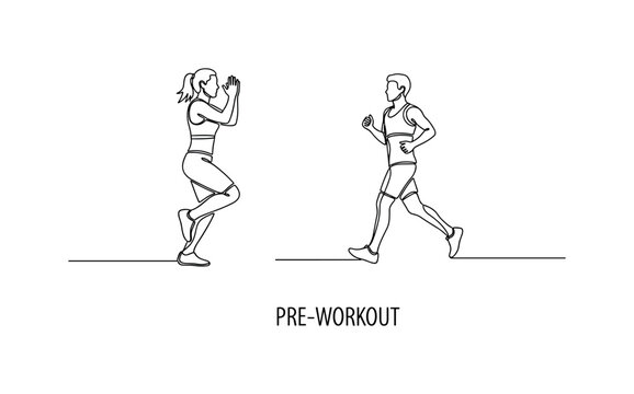 Pre-Workout Cardio. Minimalistic one-line drawing person performing jumping jacks and light running in place, continuous single black line on white background,