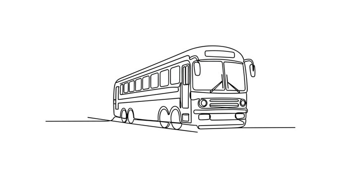 Travel Retro Poster. Minimalistic one-line drawing stylized train or bus in vintage travel ad layout, continuous single black line on white background, simple