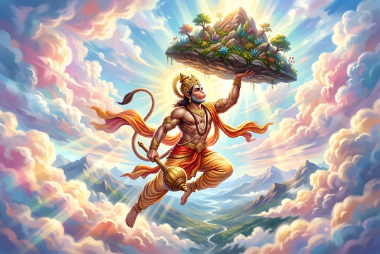 Vibrant colorful sky background with the god flying with a mountain for hanuman jayanti designs often using hanuman chalisa lyrics and celebrating great hanuman puja