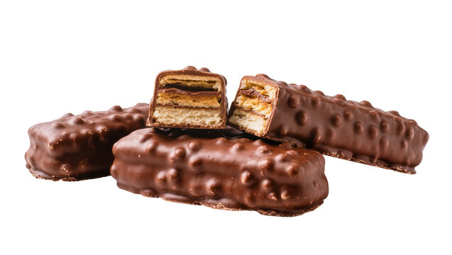 Rich chocolate covered wafer bar with caramel filling and textured chocolate coating, isolated on transparent background for confectionery advertisements