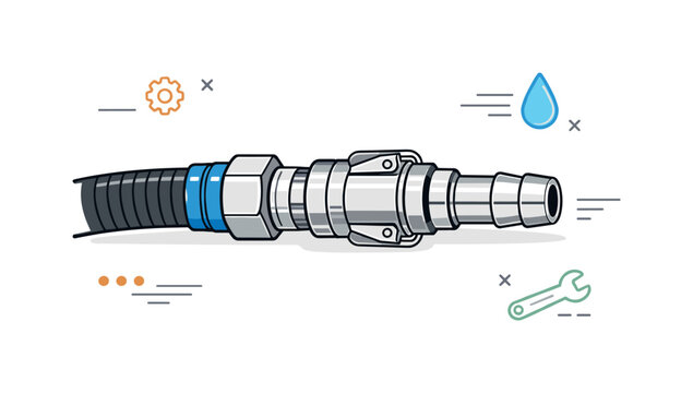 Industrial hose connector. A close-up illustration of a flexible hose with metal fittings, durability and secure connection, calm professional tone. Minimalist