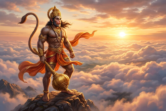 Powerful lord hanuman standing on mountain peak above clouds at sunset for hanuman jayanti and hanuman chalisa chanting during the auspicious hanuman puja festival celebration