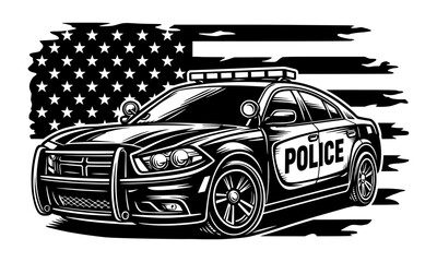 Modern Police Patrol Car In Front Of Distressed American Flag, Law Enforcement Support, Thin Blue Line Concept, Public Safety Vector Illustration © VisuaLabArt