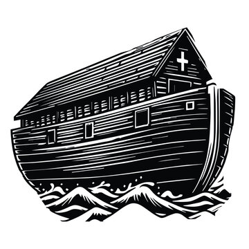 Noah's Ark Biblical Illustration  Woodcut Style Ark on Stormy Waves Vector