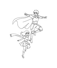 Fototapeta premium Couple in Cosplay. Minimalistic one-line drawing anime-inspired costumes with dynamic pose, continuous single black line on white background, simple outline