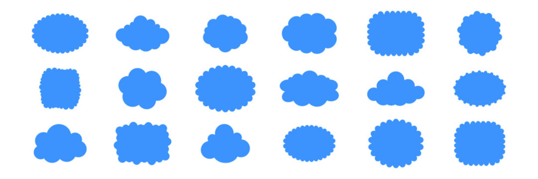 Fluffy cloud frame label set. Cloud shaped and jagged frame silhouette oval and circle frames with scalloped edges