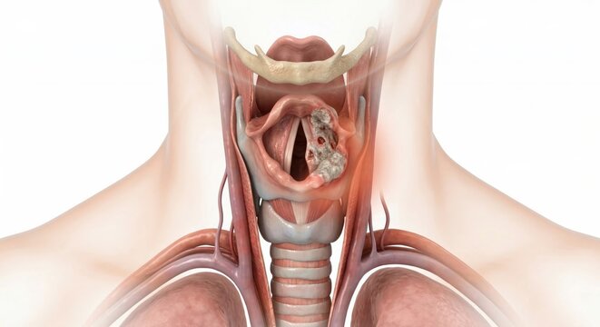 Laryngeal cancer medical visualization showing an irregular tumor mass invading vocal cords within laryngeal wall inside ghostly neck contour for clinical oncology diagnostic illustration