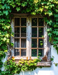 Obraz premium Close-up shot of an old wooden window, covered in vibrant green ivy on a white wall, with visible interior details
