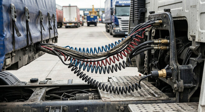 Semi truck coiled air brake hoses detail