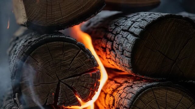 Burning logs with flames and smoke in a cozy fireplace setting  