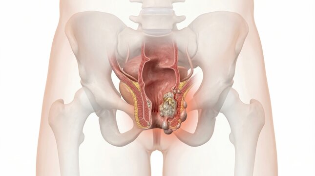 Anal cancer visualization showing irregular nodular tumor mass in anal canal with sphincter muscle invasion inside ghostly pelvic torso for clinical oncology diagnostic illustration
