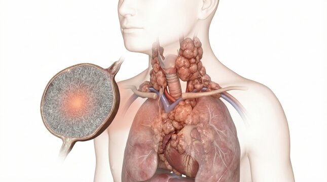 Hodgkin lymphoma medical visualization showing massive enlarged matted cervical and mediastinal lymph node clusters plus node cross-section for clinical hematology oncology diagnostic illustration