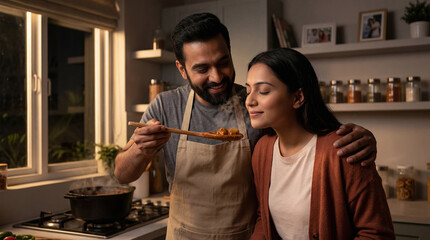 Obraz premium Happy Couple Cooking Together, Enjoying Aromatic Home-Cooked Meal