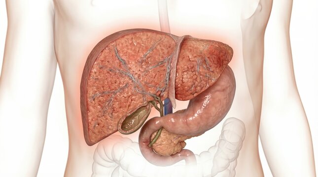Hepatitis C medical visualization showing inflamed liver with fibrotic scarring and early nodular changes inside ghostly abdominal silhouette for clinical hepatology diagnostic illustration