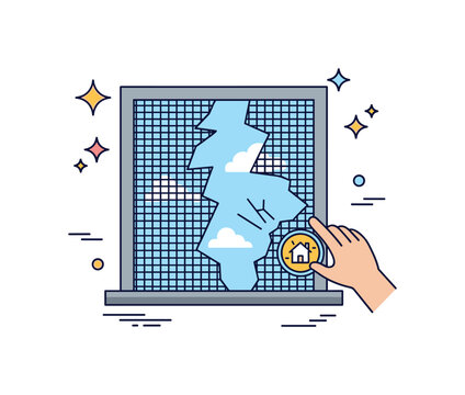 Broken window screen outdoor view scene where a torn screen shows the exterior while small sparkle and line icons emphasize visibility, damage, and household