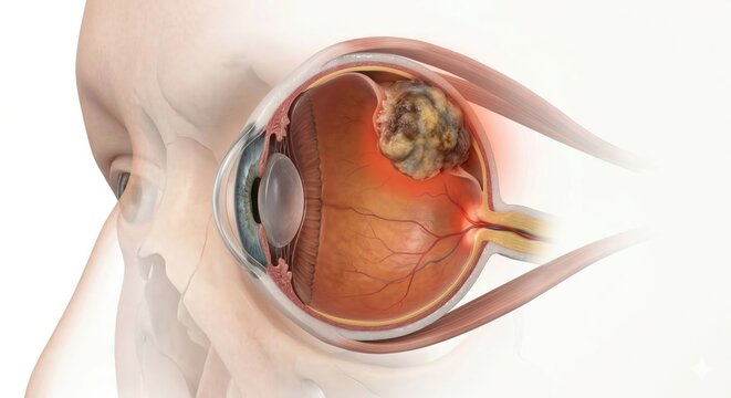 Medical visualization of primary Ocular Melanoma (uveal melanoma) showing nodular, non-homogeneous, infiltrative tumor mass arising from the choroid, clinical ophthalmology and oncology illustration