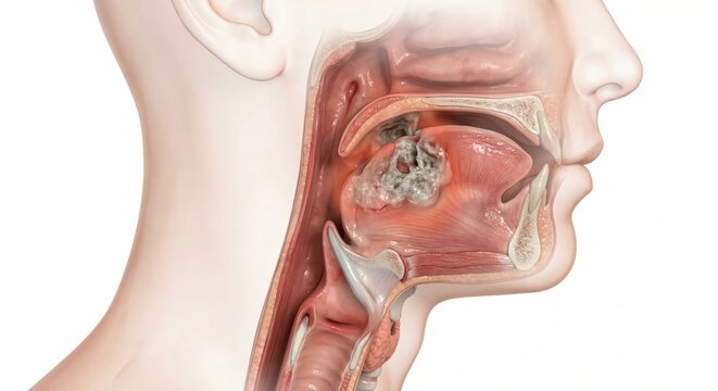Laryngeal cancer medical visualization showing an irregular tumor mass invading the vocal cords within the laryngeal wall inside a ghostly neck contour for clinical oncology diagnostic illustration