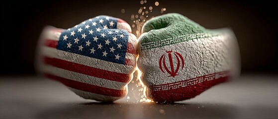 Fototapeta premium National forces collide: imagery of power and geopolitical tension. Color blocking. Fists of american and iranian flags meet in a smoky clash of power. Art direction. Minimal layout.