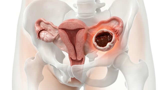Photo-realistic 3D medical visualization of a cross-sectioned ovarian endometrioma chocolate cyst with a localized diagnostic highlight inside a ghostly pelvic contour render