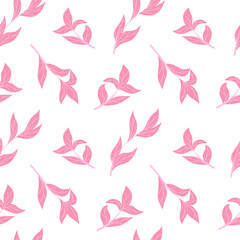 Fototapeta premium Leaves seamless pattern. Pink botanical spring leaves, simple foliage elements. Flat hand drawn minimal illustration design for packaging, branding, textile, wallpaper, print, fabric, wrapping paper