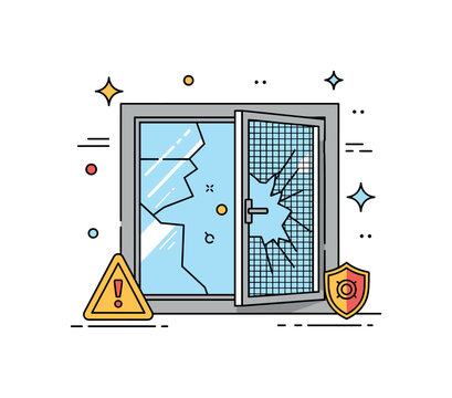 Broken window screen safety concern scene where a damaged screen exposes an open window while small sparkle and line icons emphasize caution, protection, and