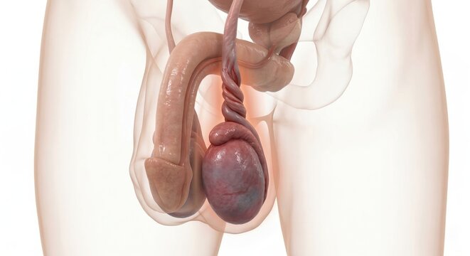 3D medical visualization of male reproductive system illustrating testicular torsion, view reveals spermatic cord is severely twisted upon itself several times, cutting off blood supply to testicle
