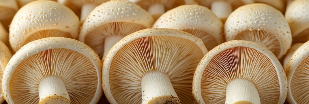 Detailed Flatlay of White Button Mushroom Underside with Gill Structure and Natural Minimalist Style