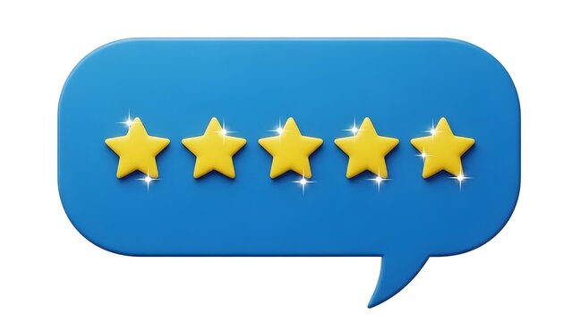 A blue speech bubble with five yellow stars on a transparent background