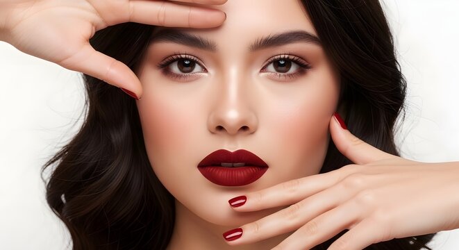 Beautiful Woman with Red Lipstick and Manicured Nails