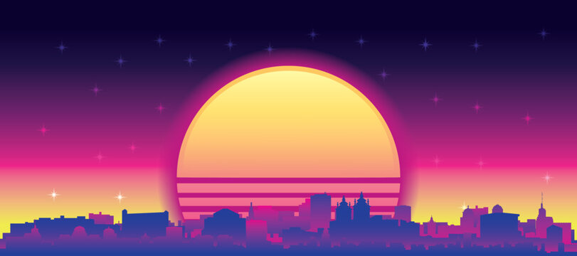 Purple generic retro futuristic synthwave panoramic poster of the city skyline with misty background sunset buildings of SALVADOR, BRAZIL
