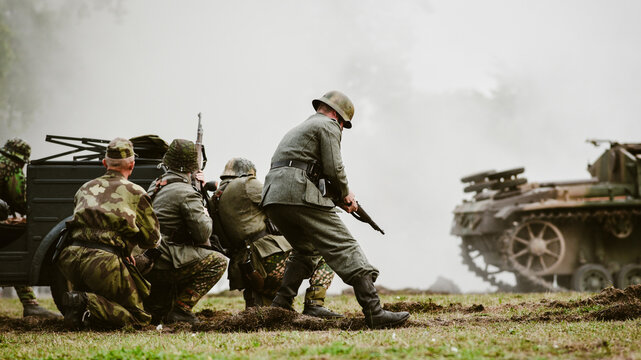 Historical reenactment of World War II, the fight between the Nazis and the Poles.