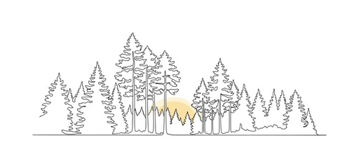 Obraz premium Twilight Forest. Minimalistic one-line drawing tall trees silhouetted against fading light, continuous single black line on white background, simple outline