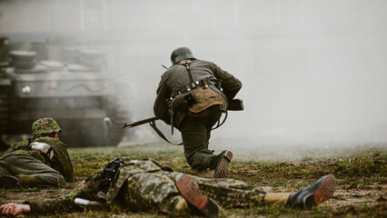 Fototapeta premium Historical reenactment of World War II, the fight between the Nazis and the Poles.