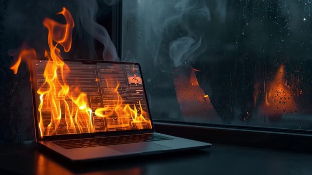 雨の夜の窓辺でパソコン画面が燃えるネット炎上のイメージ