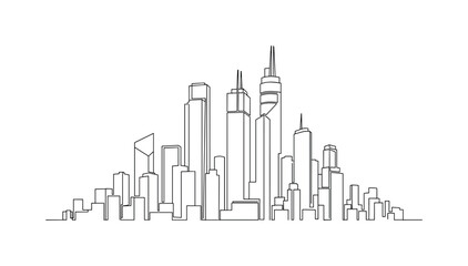 Fototapeta premium Skyscraper Line. Minimalistic one-line drawing tall buildings aligned as city skyline, continuous single black line on white background, simple outline style,