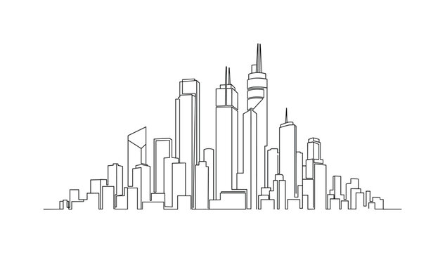 Skyscraper Line. Minimalistic one-line drawing tall buildings aligned as city skyline, continuous single black line on white background, simple outline style,