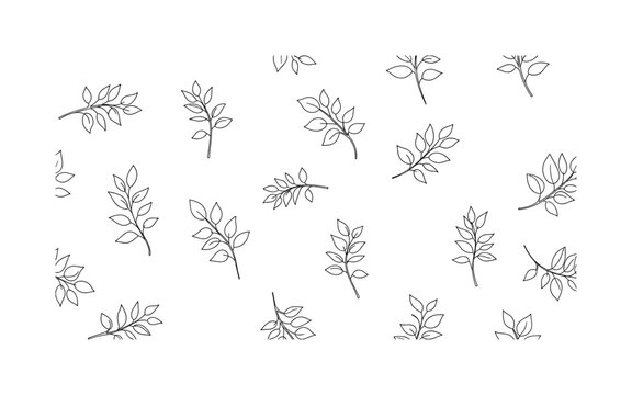 Spring Leaves Pattern. Minimalistic one-line drawing delicate leaves and twigs creating repeating pattern, continuous single black line on white background,