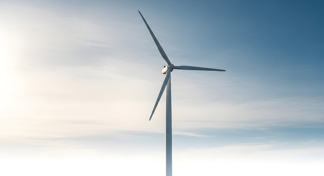 A single wind turbine standing tall against a soft, hazy blue sky with light clouds, representing renewable energy