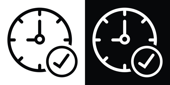 Flat line icon of a clock with a checkmark badge. Represents on-time delivery, task completion, and verified scheduling for business and productivity applications.