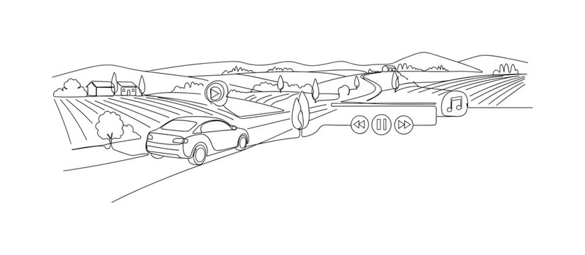 Scenic Music Drive. Minimalistic one-line drawing car traveling through countryside with playlist icons, continuous single black line on white background,