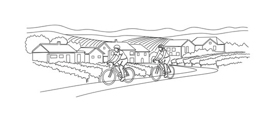 Fototapeta premium Scenic Ride. Minimalistic one-line drawing bicyclists riding past village houses with vineyard hills, continuous single black line on white background, simple