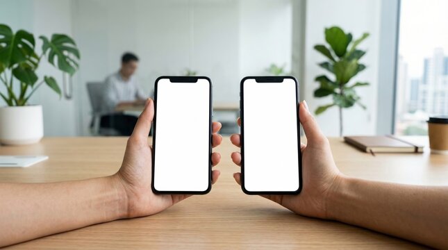 Two hands holding smartphones with blank white screens in office interior. Concept of mobile comparison, business communication, app testing, teamwork, technology and digital service. Generative AI.