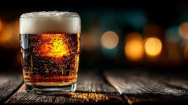 Cold golden beer with bubbles and foam in pint glass pictures