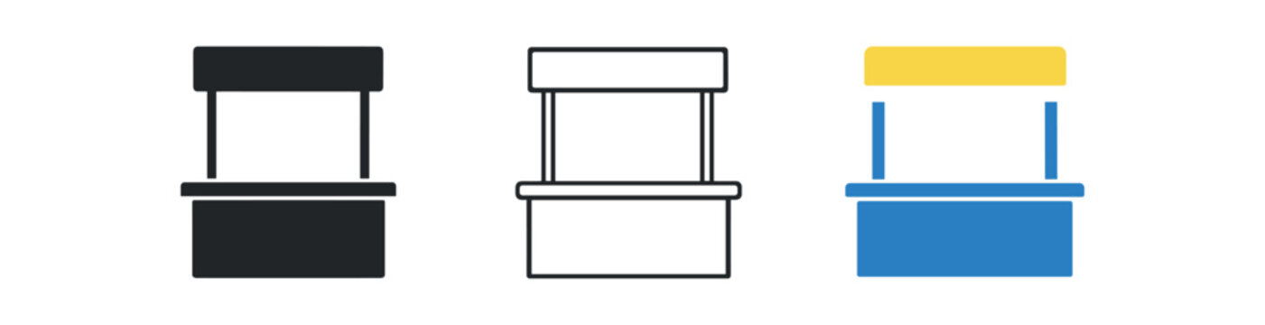 Market stall icon set. vendor booth, kiosk, market stand, fair, trade, sales, pop up shop, vendor. line, flat and colored vector icon set.